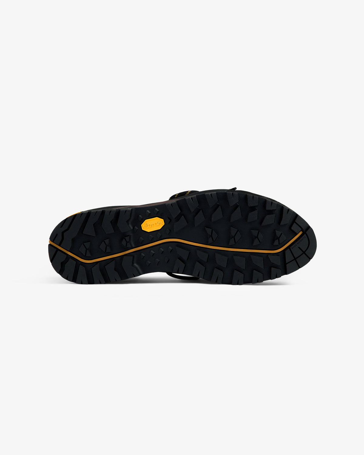 ALD/The North Face Verto Alpine GORE-TEX shoe sole, rugged black tread, viewed from the bottom on white background.