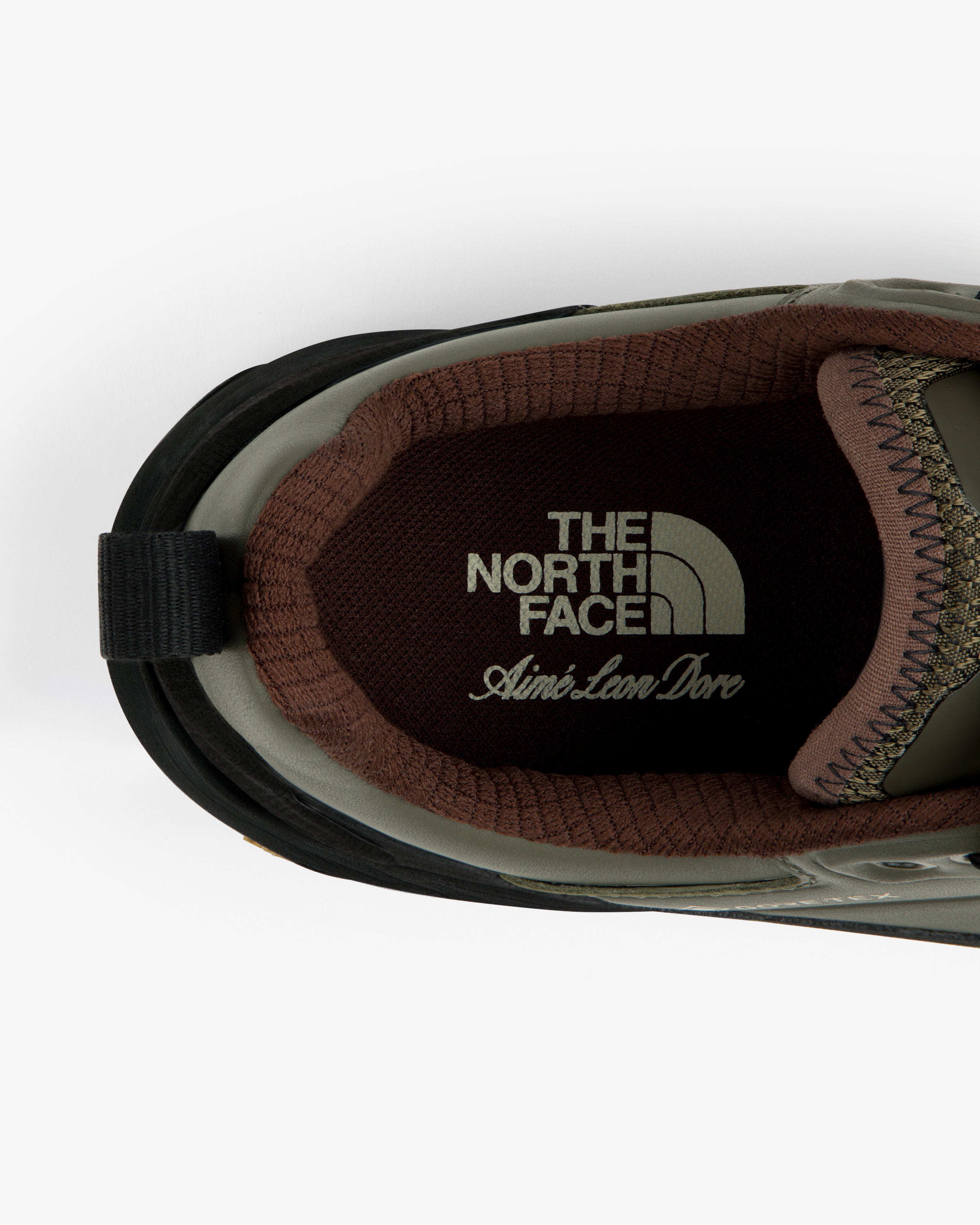Top view of ALD / The North Face Verto Alpine GORE-TEX Hiking Shoes with branding visible on the insole.