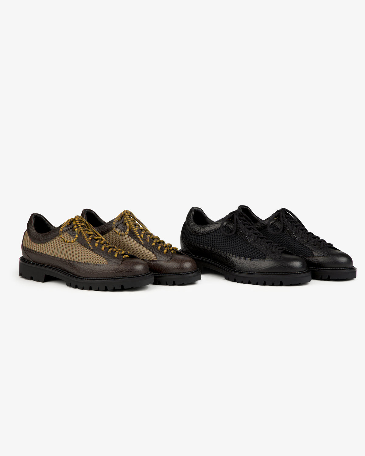 Two pairs of Field Boot lace-up low-top boots with lugged rubber soles, one in brown and olive, the other in black.
