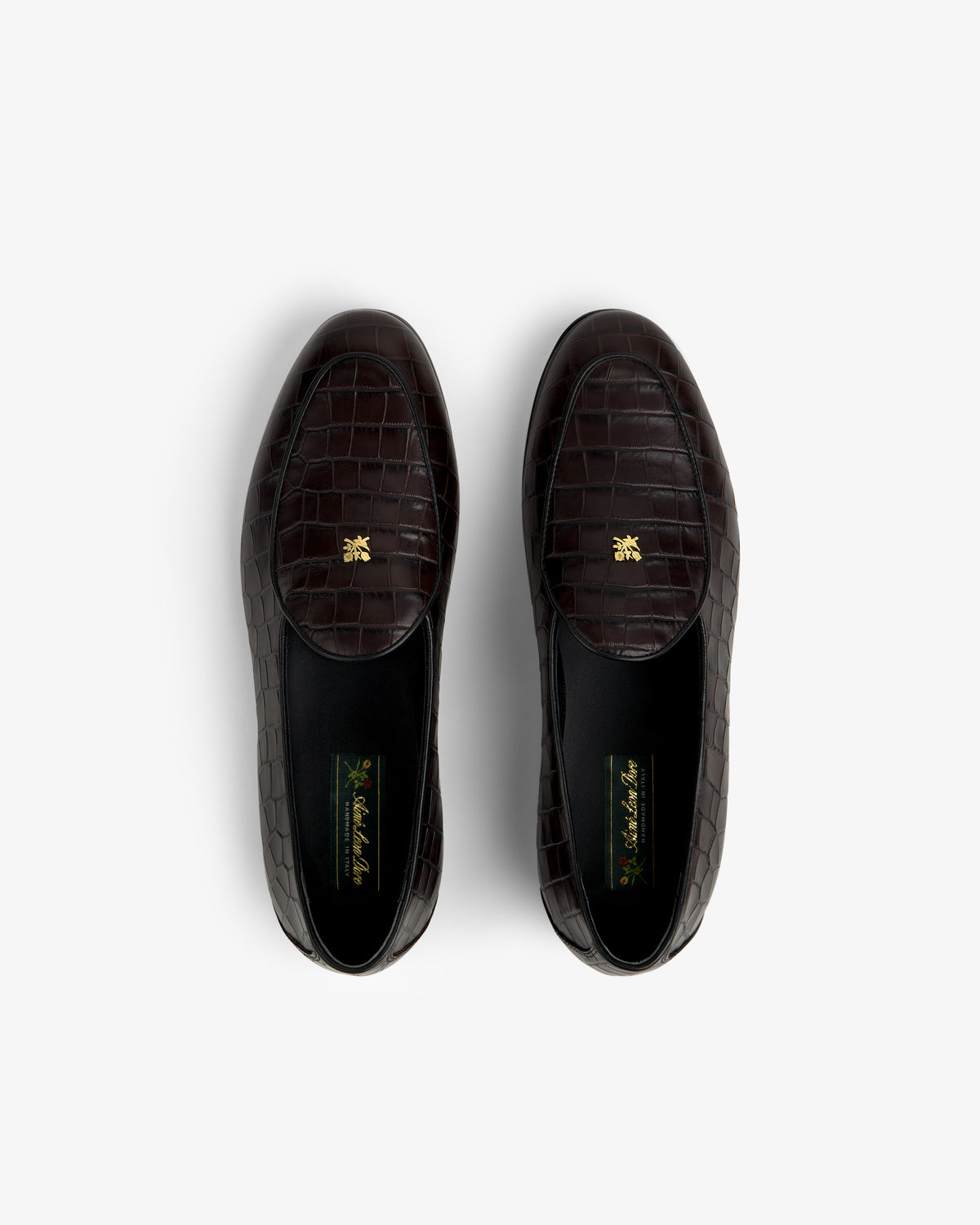 Croc-Embossed Crest Salóni Loafers with gold emblem, dark brown, shown from above on white background.