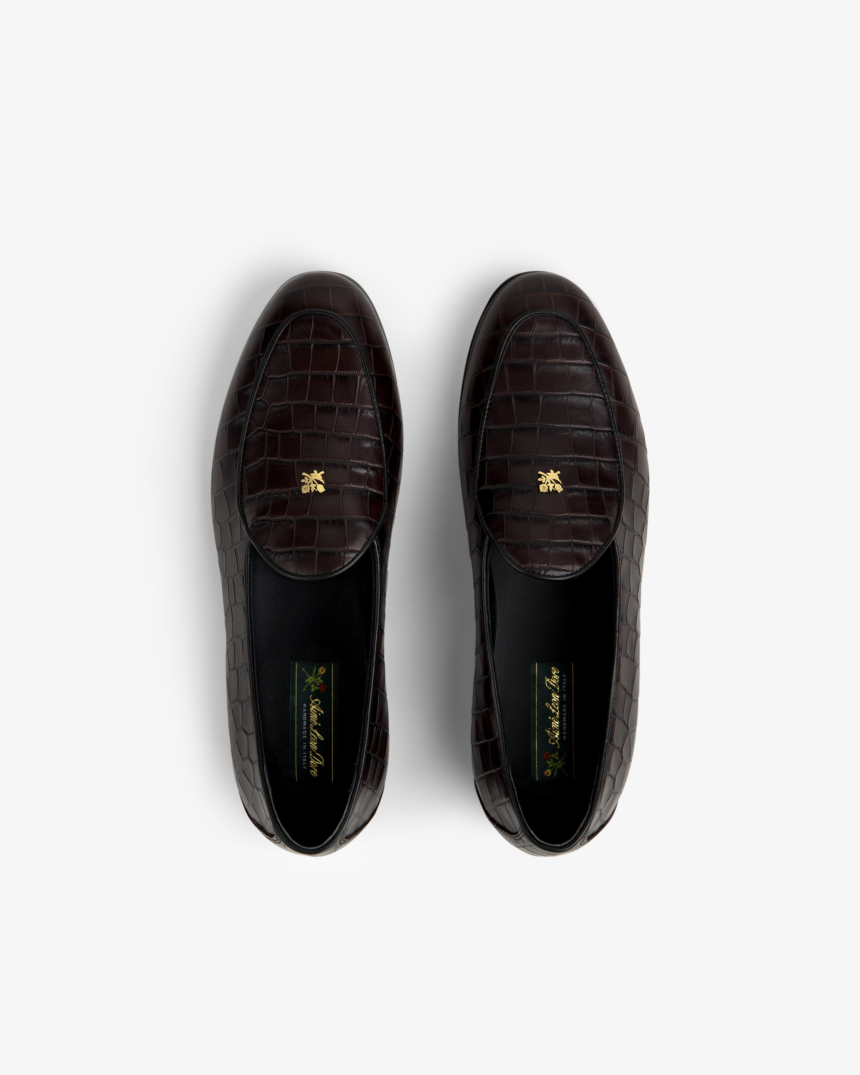 Croc-Embossed Crest Salóni Loafers with gold emblem, dark brown, shown from above on white background.