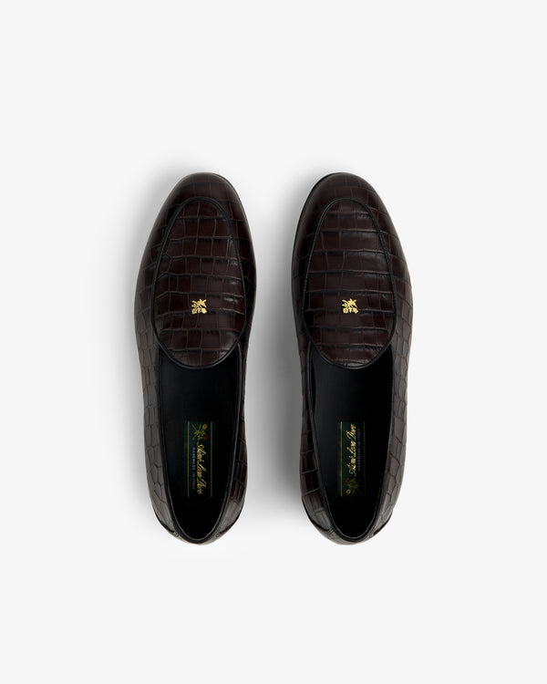 Croc-Embossed Crest Salóni Loafers with gold emblem, dark brown, shown from above on white background.