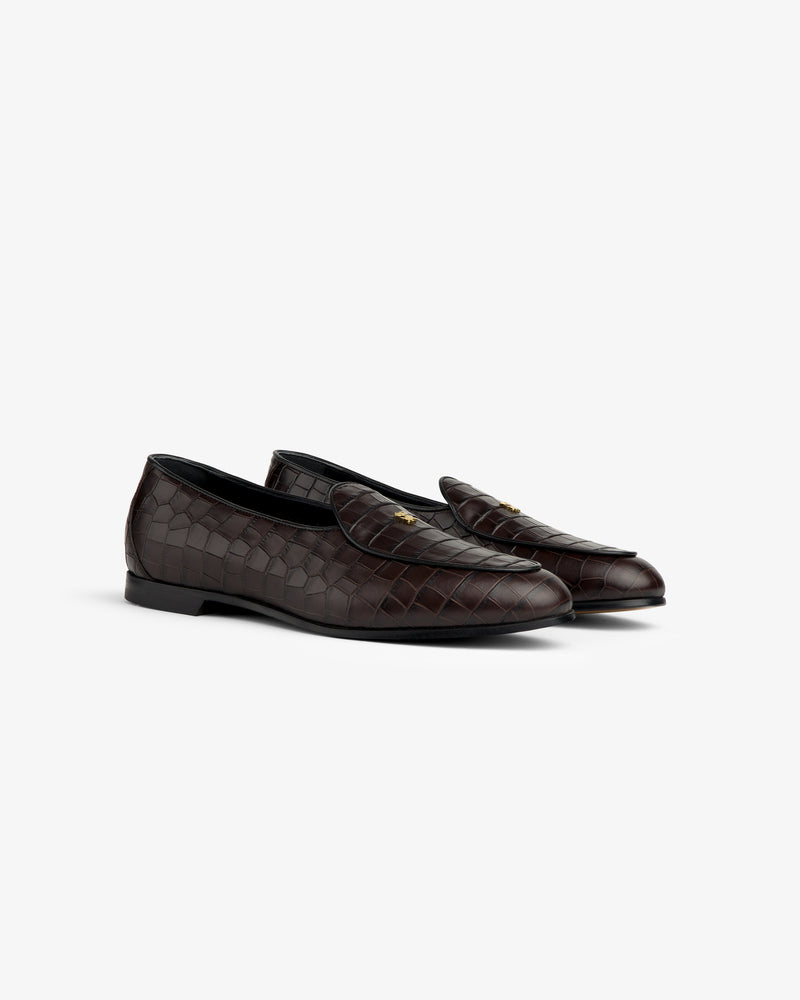 Croc-Embossed Crest Salóni Loafer in dark brown leather with gold accents, displayed on a light gray background.