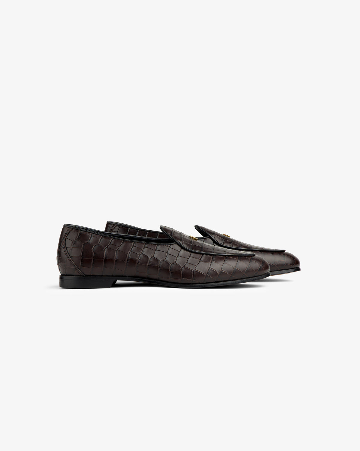 Croc-Embossed Crest Salóni Loafers in dark brown with gold buckle, side view on white background.