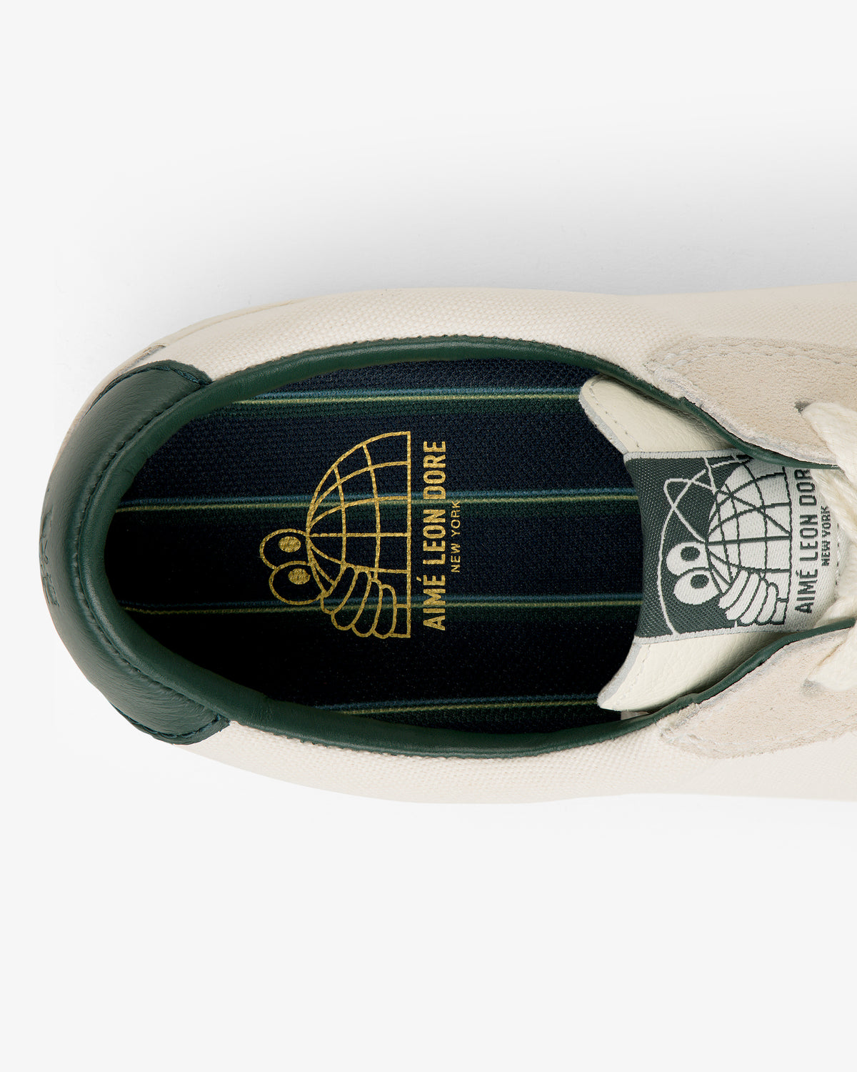Top view of ALD / Last Resort AB VM001-LO Canvas, green lining, gold Aimé Leon Dore logo on black insole.