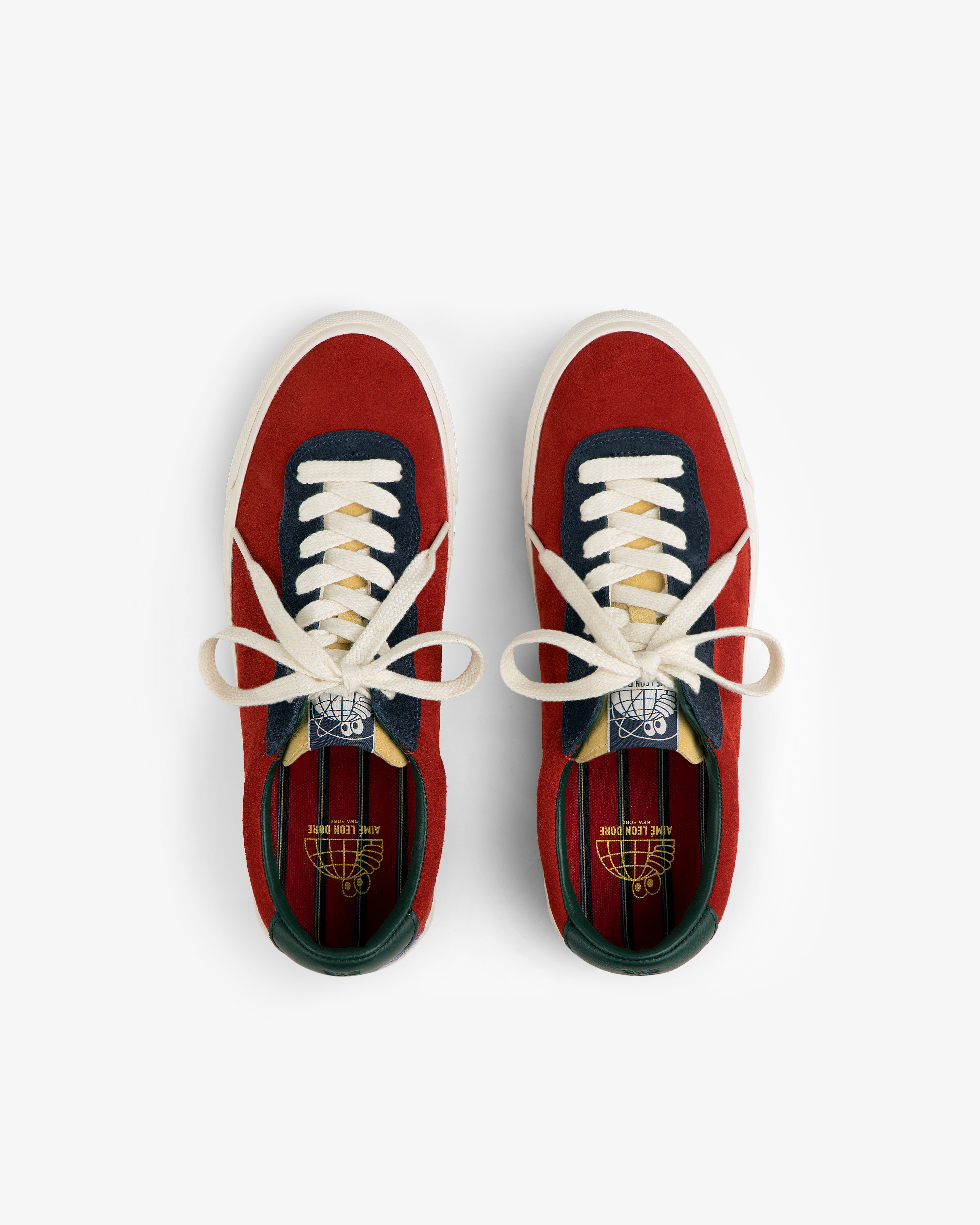 ALD / Last Resort AB VM001-LO Suede in red, navy & cream suede with white laces, seen from above on a white background.
