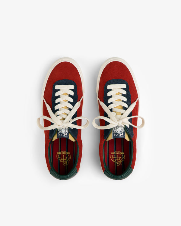 ALD / Last Resort AB VM001-LO Suede in red, navy & cream suede with white laces, seen from above on a white background.