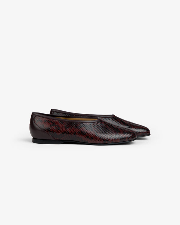 Dark red and black snake print leather ballet flats.