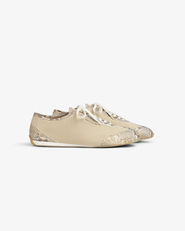 Snake Print Low Profile Suede Trainer in tan suede with snake-print accents and white laces.