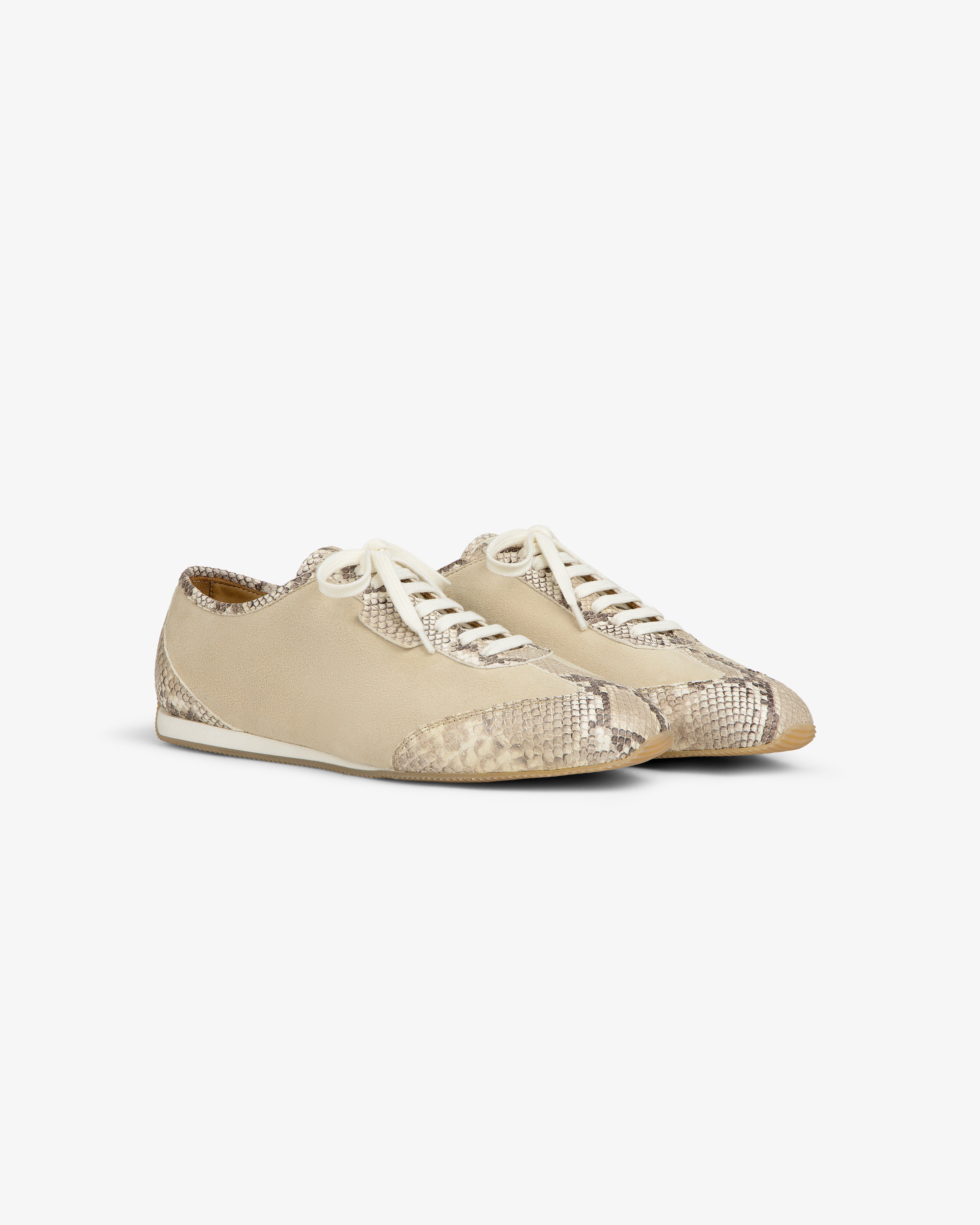 Snake Print Low Profile Suede Trainer: low-profile lace-up sneakers with tan panels and snake-print accents.