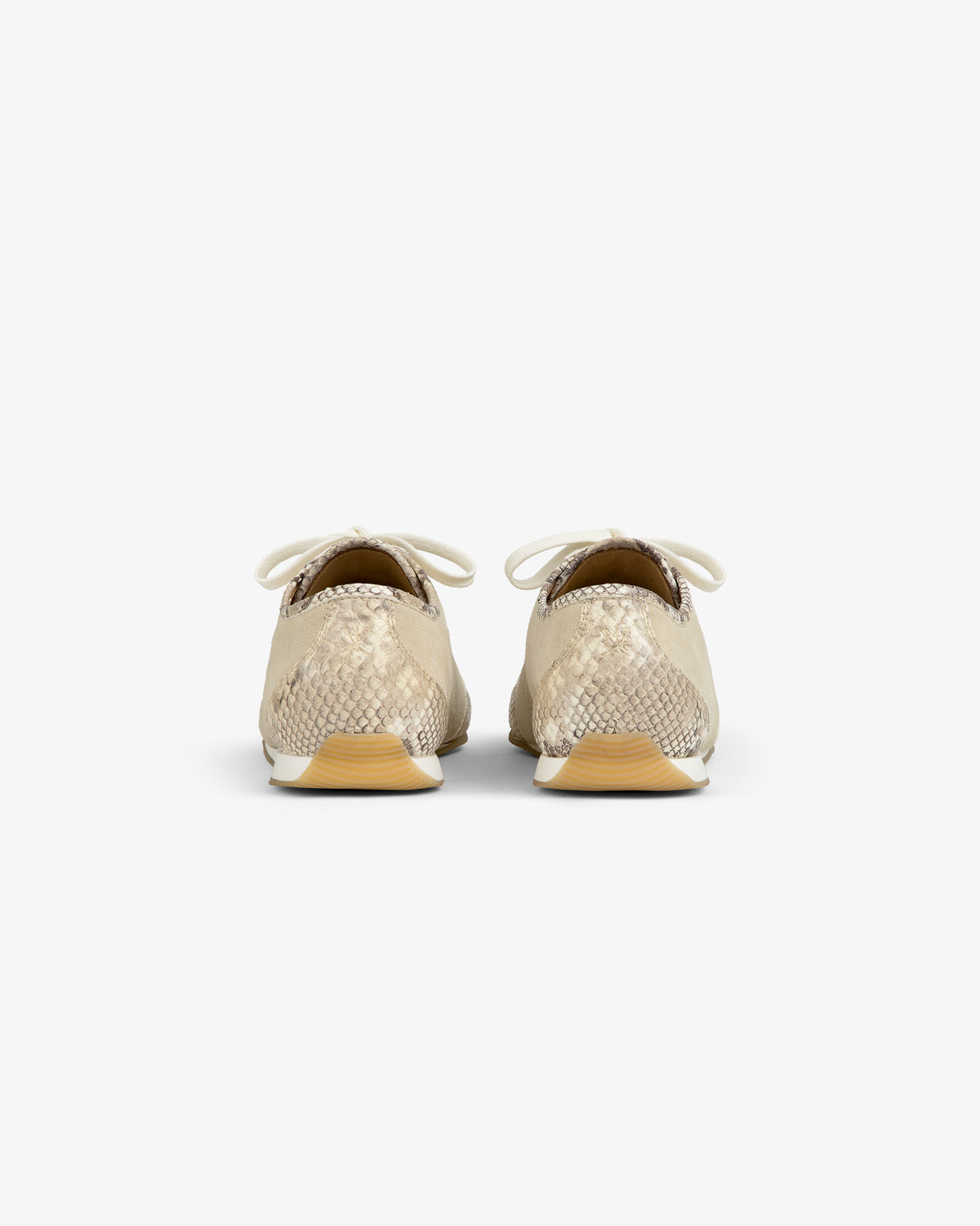 Back view of two Snake Print Low Profile Suede Trainer shoes with snake-print panels, suede accents, and white laces.