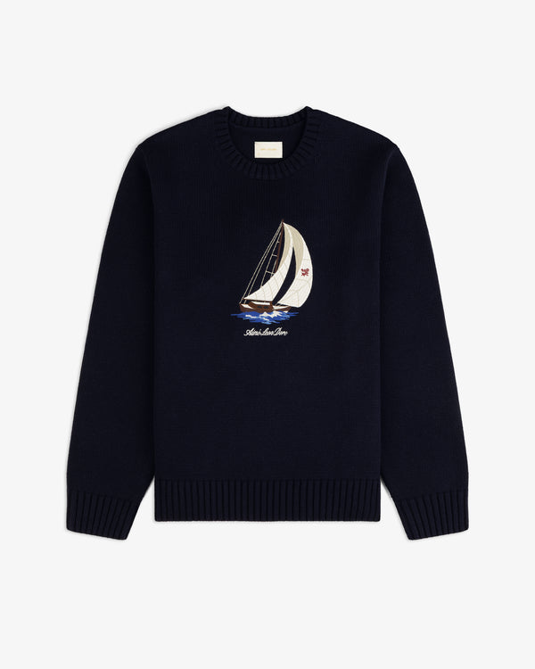 Regatta Embroidered Crewneck Sweater in navy with sailboat design, displayed flat on a white background.