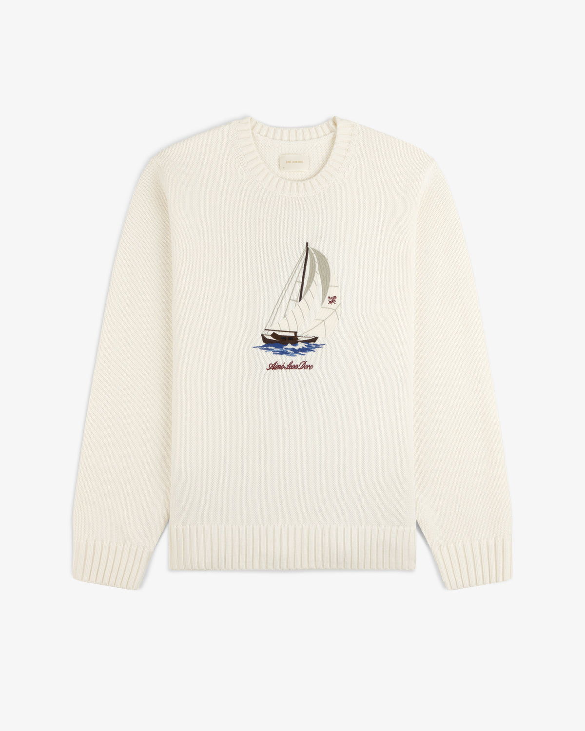 Regatta Embroidered Crewneck Sweater: White with sailboat and waves embroidery, ribbed cuffs and hem.