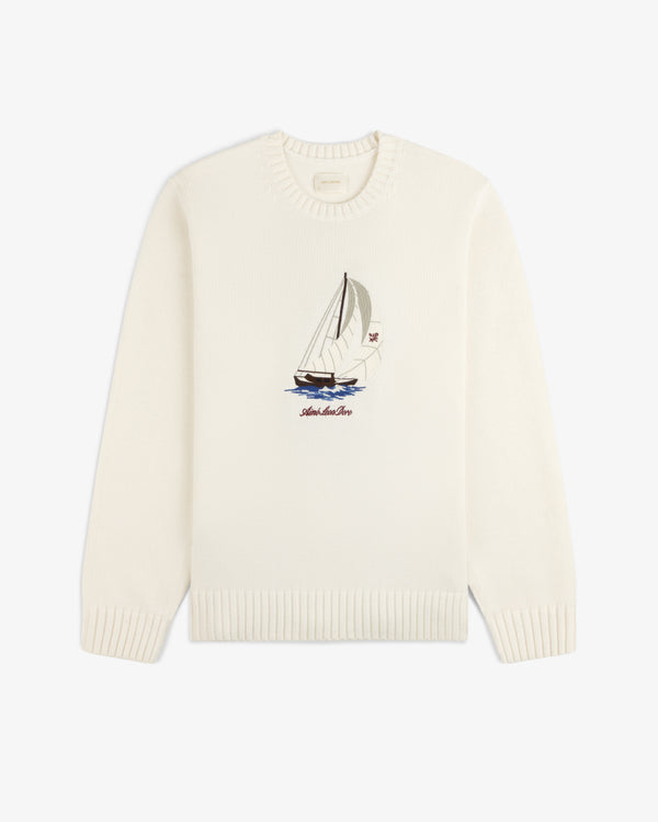 Regatta Embroidered Crewneck Sweater: White with sailboat and waves embroidery, ribbed cuffs and hem.
