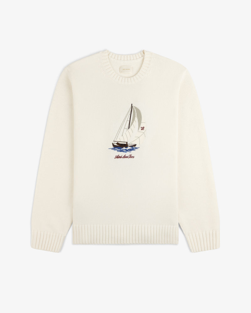 Regatta Embroidered Crewneck Sweater: White with sailboat and waves embroidery, ribbed cuffs and hem.