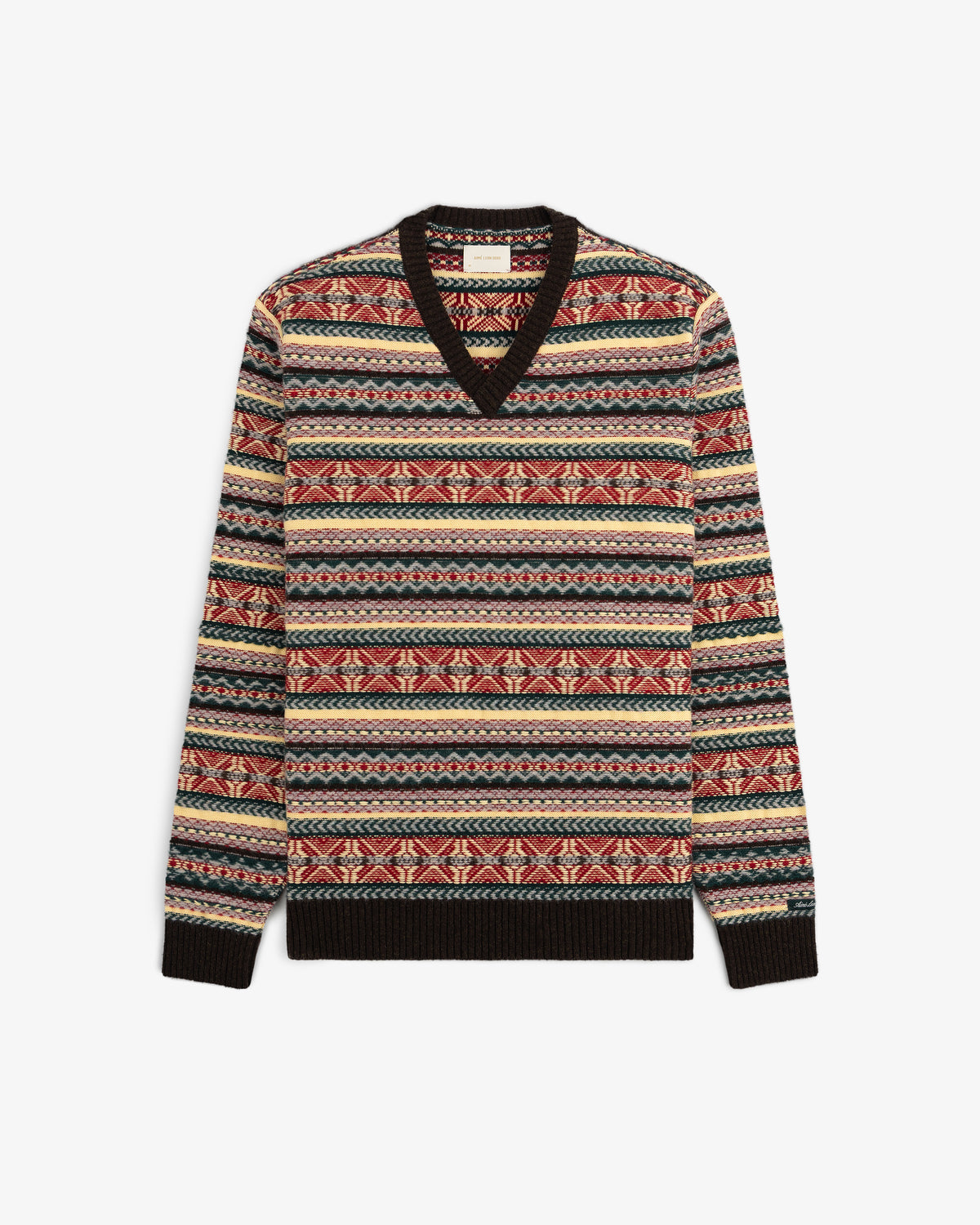 Fair Isle V-Neck Sweater with vibrant geometric stripes in red, beige, blue, and black.