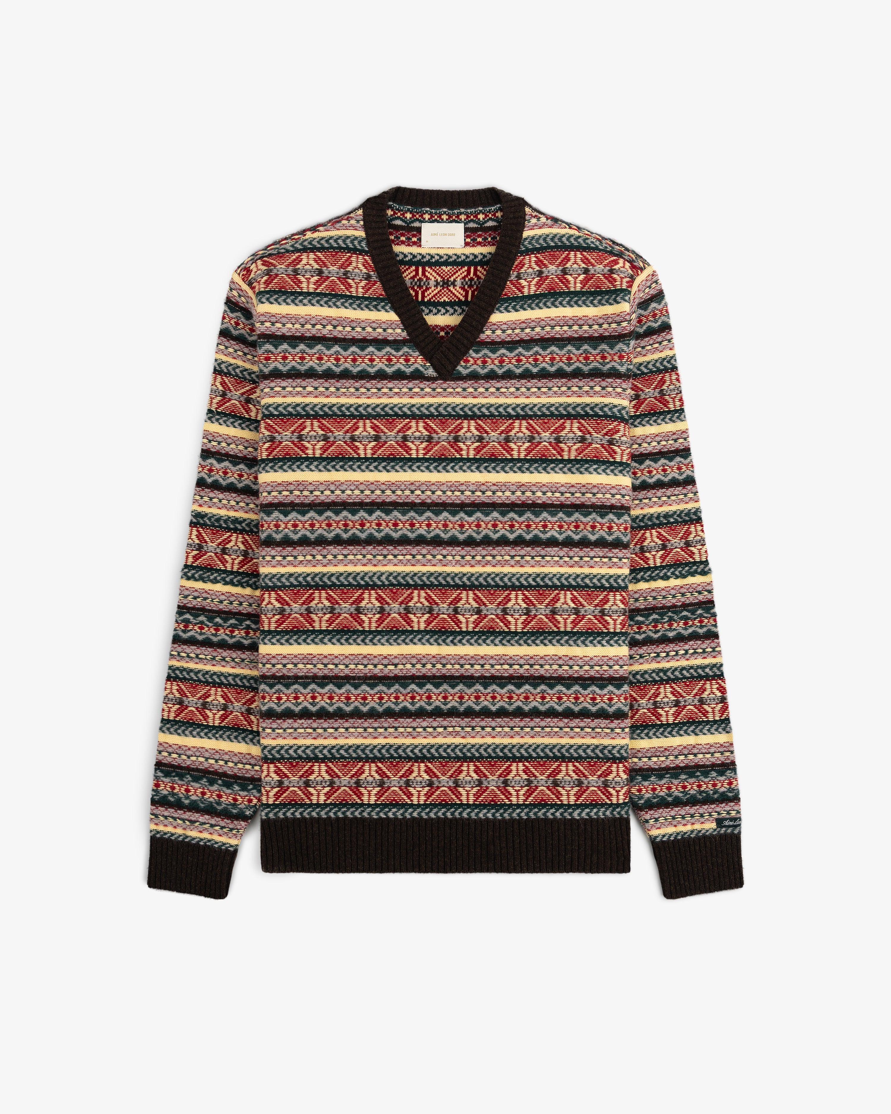 Fair Isle V-Neck Sweater with vibrant geometric stripes in red, beige, blue, and black.