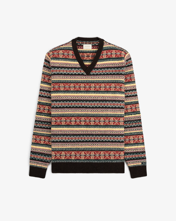 Fair Isle V-Neck Sweater with vibrant geometric stripes in red, beige, blue, and black.