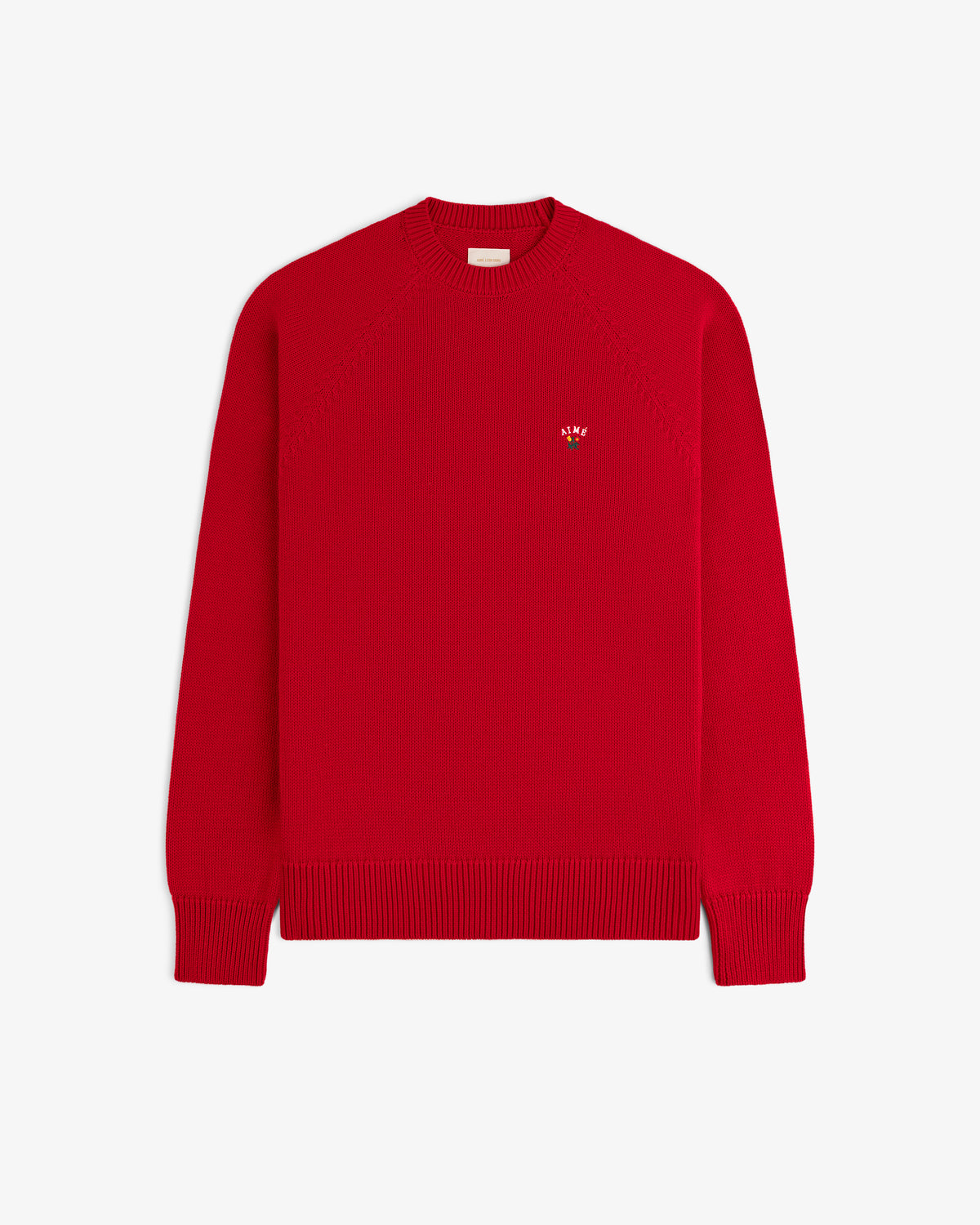 Crest Raglan Sweater: Plain red knit, long sleeves, small embroidered logo on left chest.