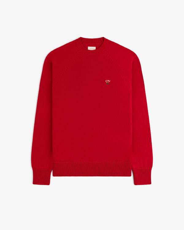 Crest Raglan Sweater: Plain red knit, long sleeves, small embroidered logo on left chest.