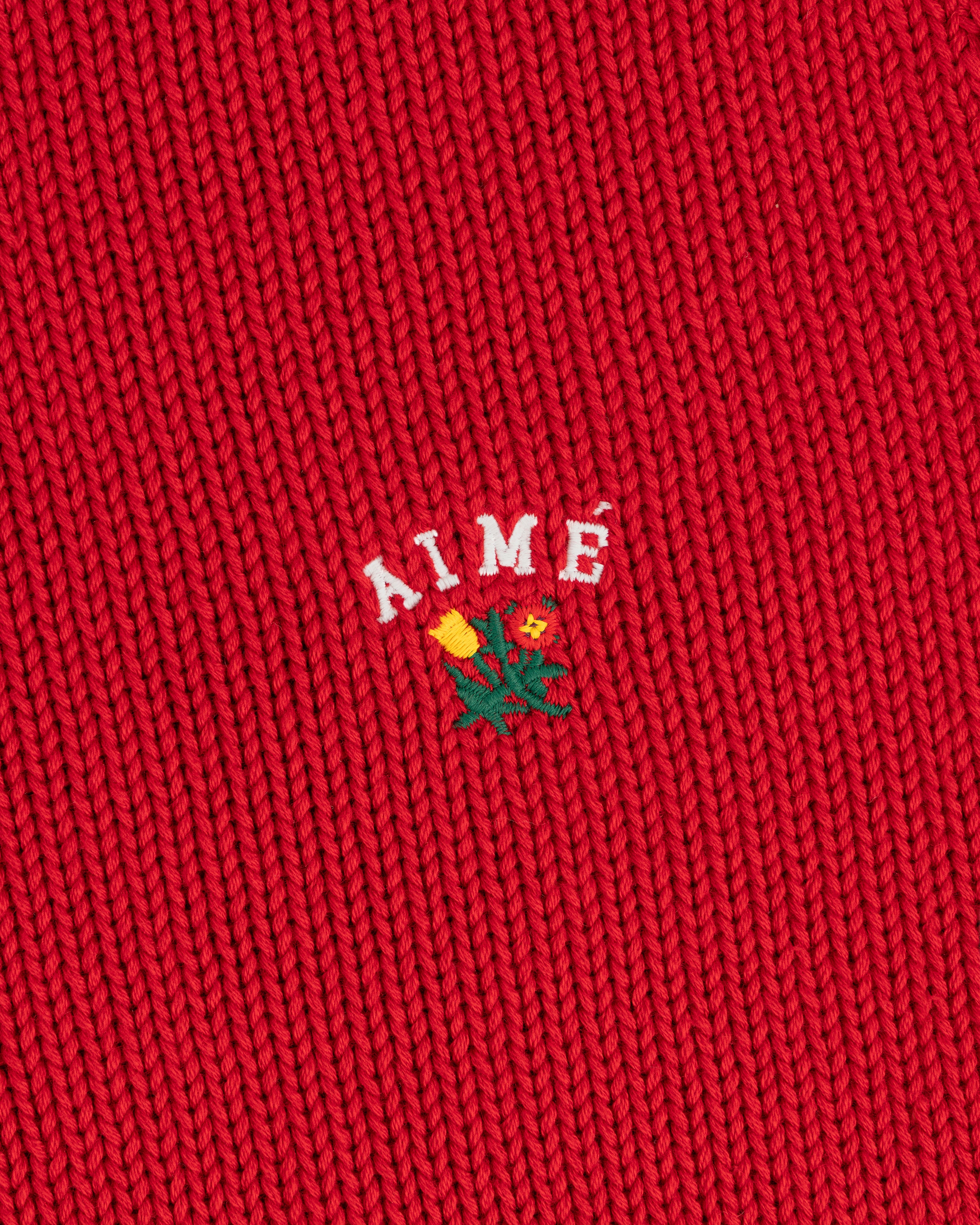 Red Crest Raglan Sweater with AIMÉ text and a small embroidered yellow flower with green leaves beneath it.