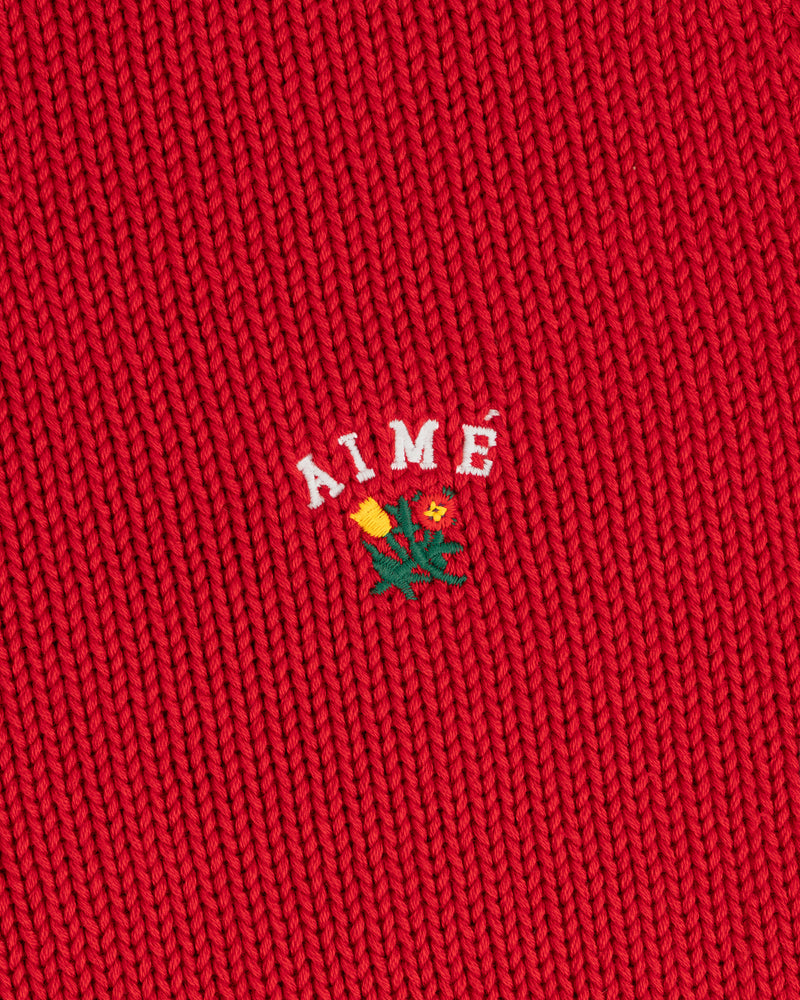 Red Crest Raglan Sweater with AIMÉ text and a small embroidered yellow flower with green leaves beneath it.