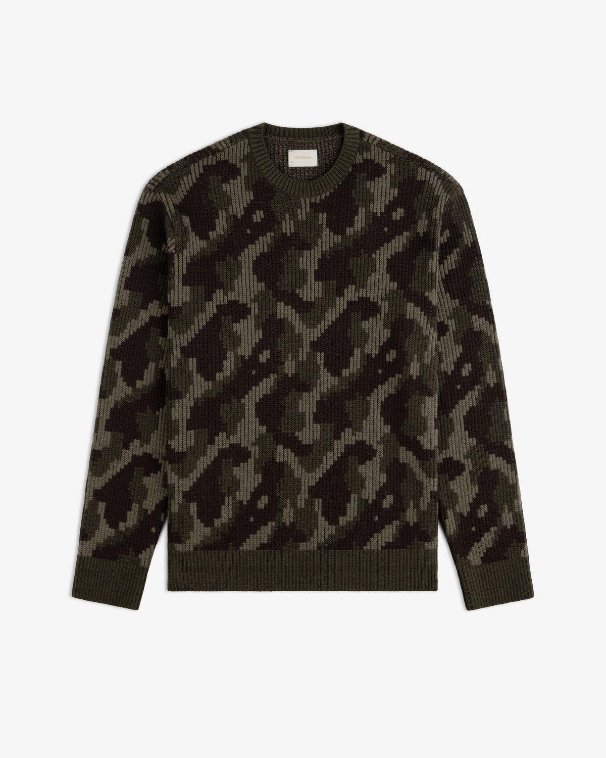 Wool Jacquard Camo Sweater featuring a crewneck design with a dark green and black camouflage knit pattern.