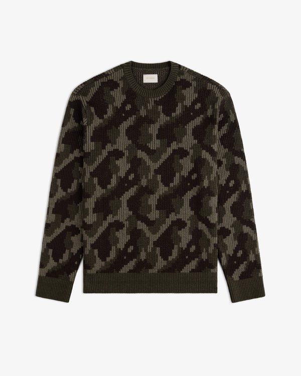 Wool Jacquard Camo Sweater featuring a crewneck design with a dark green and black camouflage knit pattern.