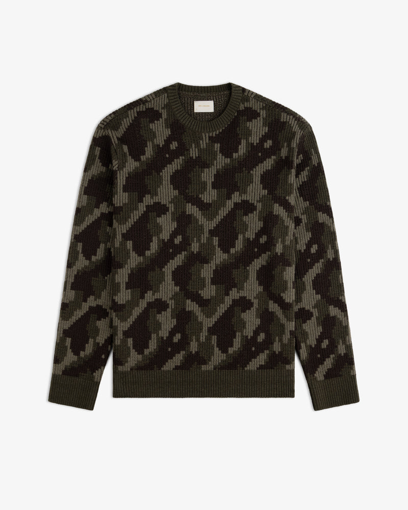 Wool Jacquard Camo Sweater featuring a crewneck design with a dark green and black camouflage knit pattern.