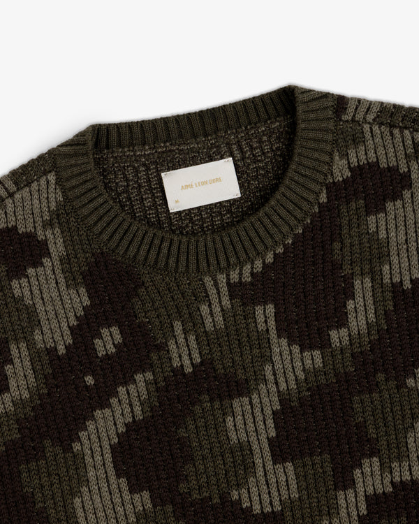 Wool Jacquard Camo Sweater featuring a dark green camouflage pattern and a crew neckline.
