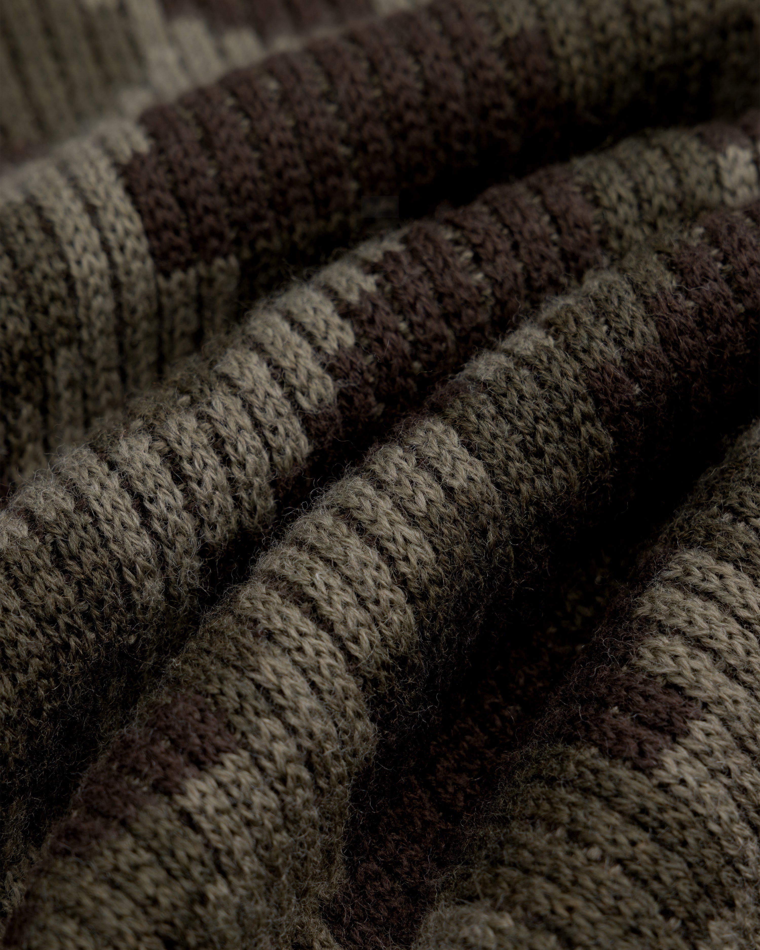Close-up of a ribbed Wool Jacquard Camo Sweater with a dark green and brown camouflage pattern.