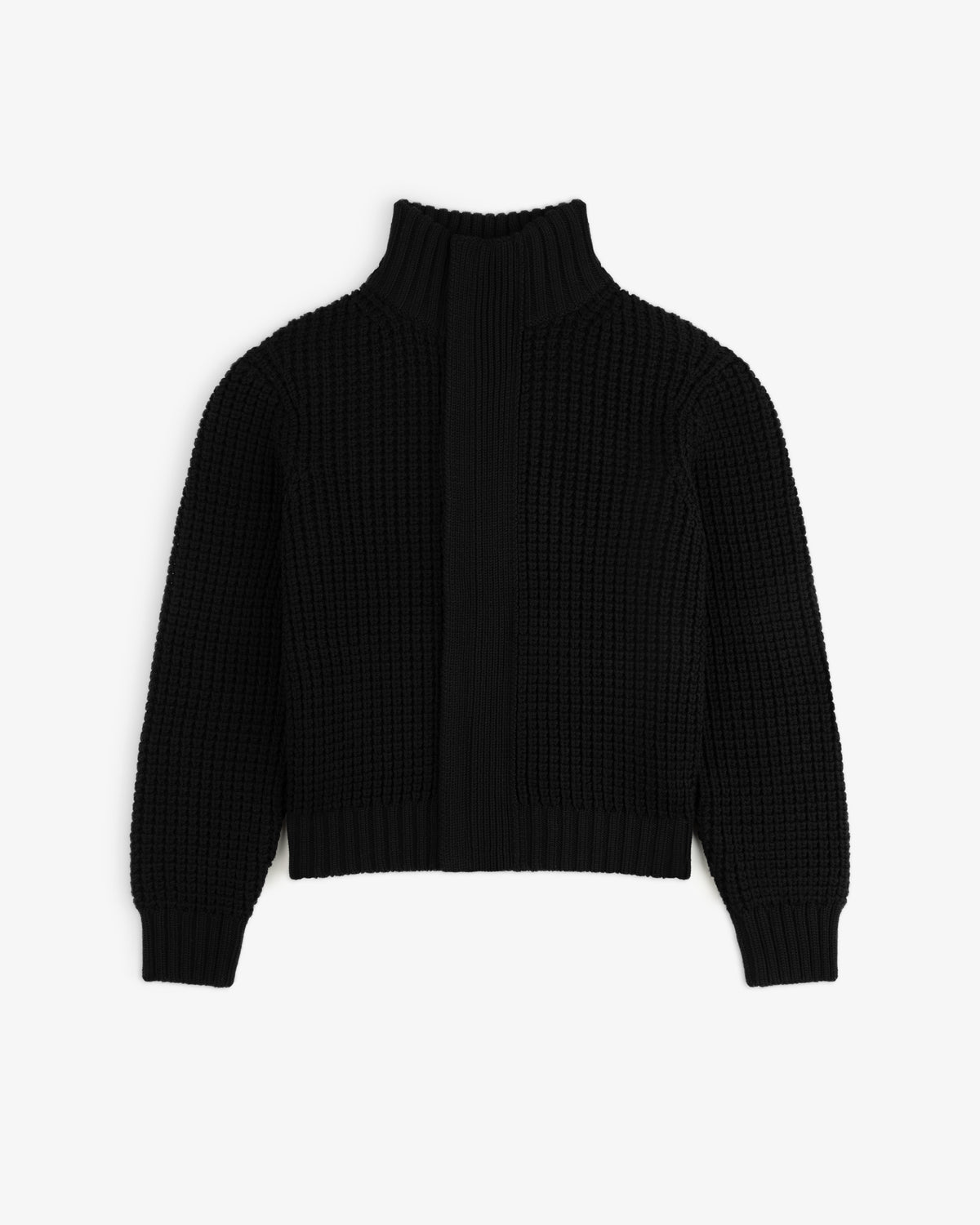 Black Merino Wool Full Zip Sweater with a high ribbed collar and a textured knit pattern.