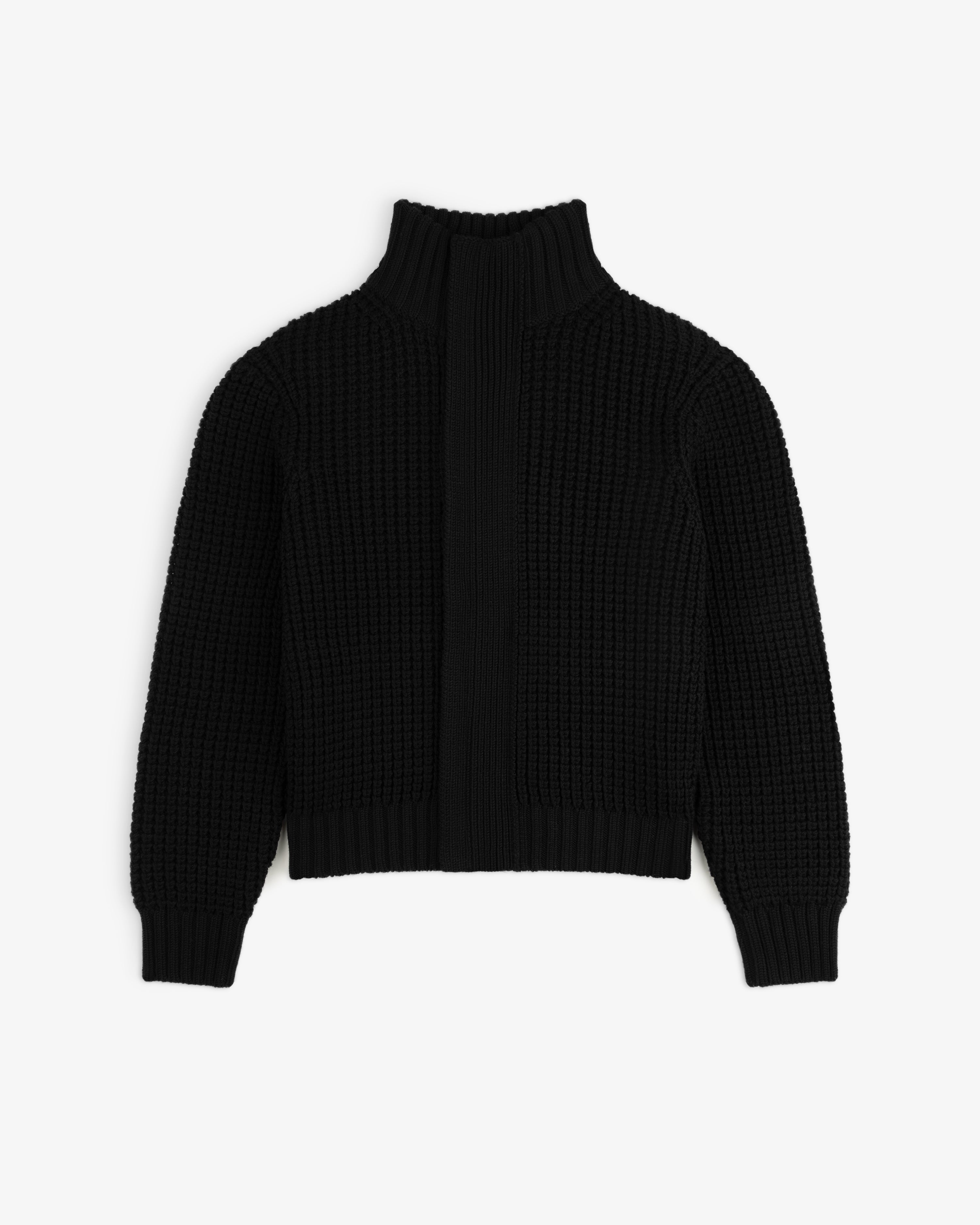 Black Merino Wool Full Zip Sweater with a high ribbed collar and a textured knit pattern.