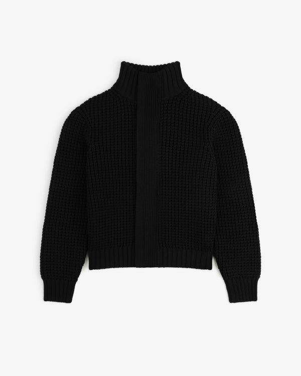 Black Merino Wool Full Zip Sweater with a high ribbed collar and a textured knit pattern.