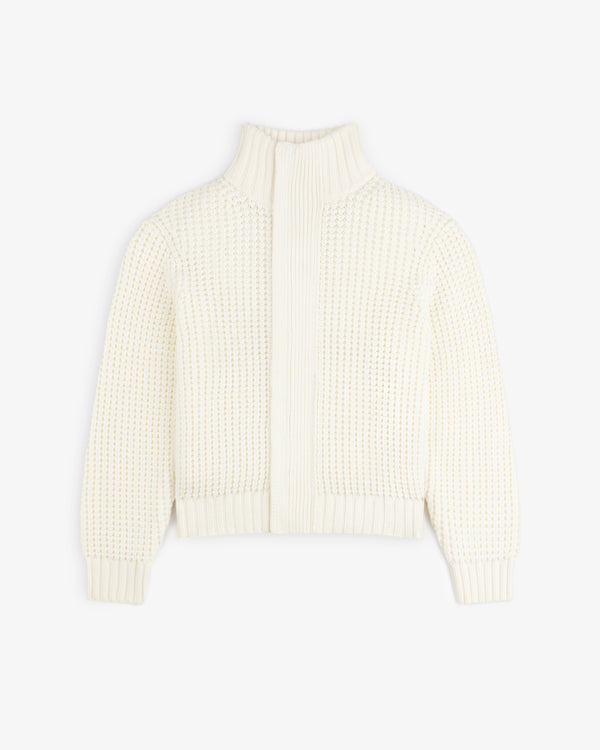 Off-white Merino Wool Full Zip Sweater with a mock neck and a waffle-knit texture.