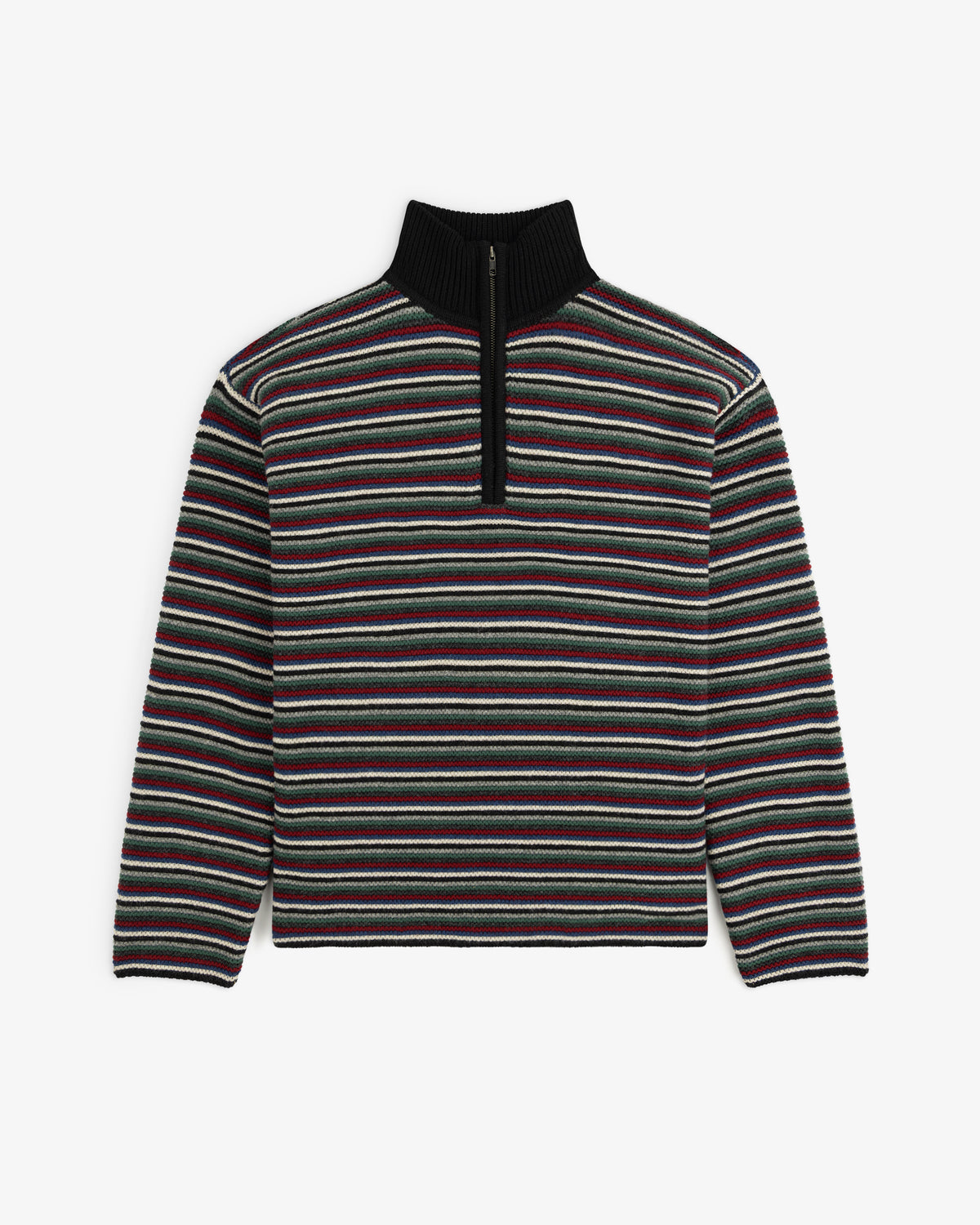 Ottoman Stripe Quarter Zip Sweater featuring a horizontal multi-colored stripe pattern and a black ribbed collar.