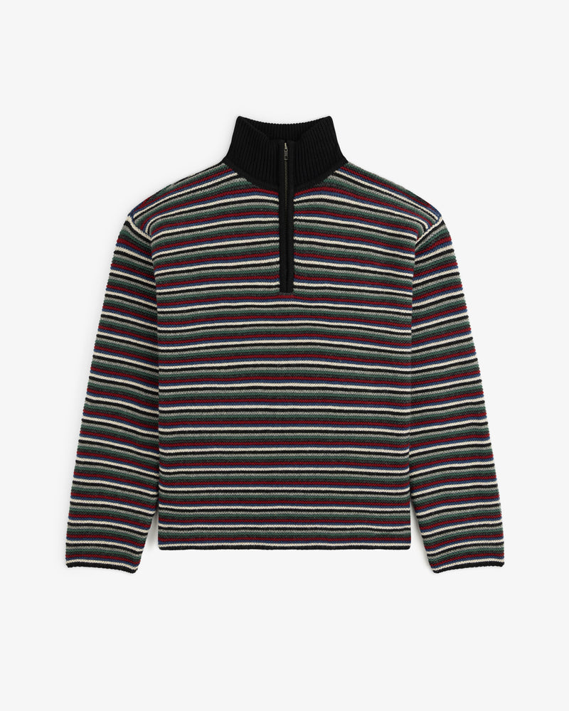Ottoman Stripe Quarter Zip Sweater featuring a horizontal multi-colored stripe pattern and a black ribbed collar.