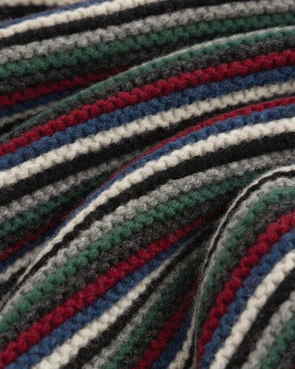 Ottoman Stripe Quarter Zip Sweater featuring knit fabric with horizontal black, grey, green, red, blue, and white stripes.