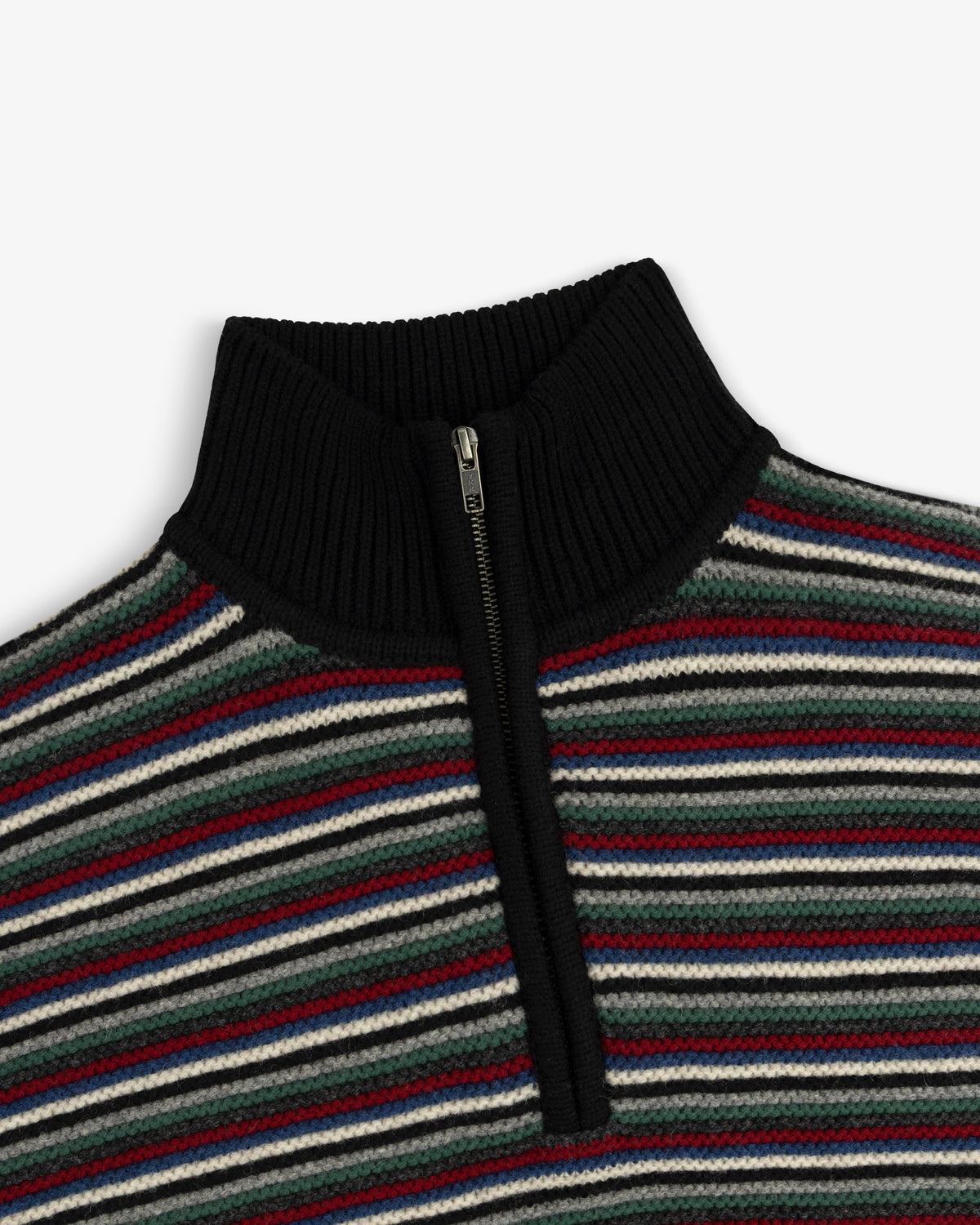 Ottoman Stripe Quarter Zip Sweater with a black ribbed collar and horizontal multicolored stripes.