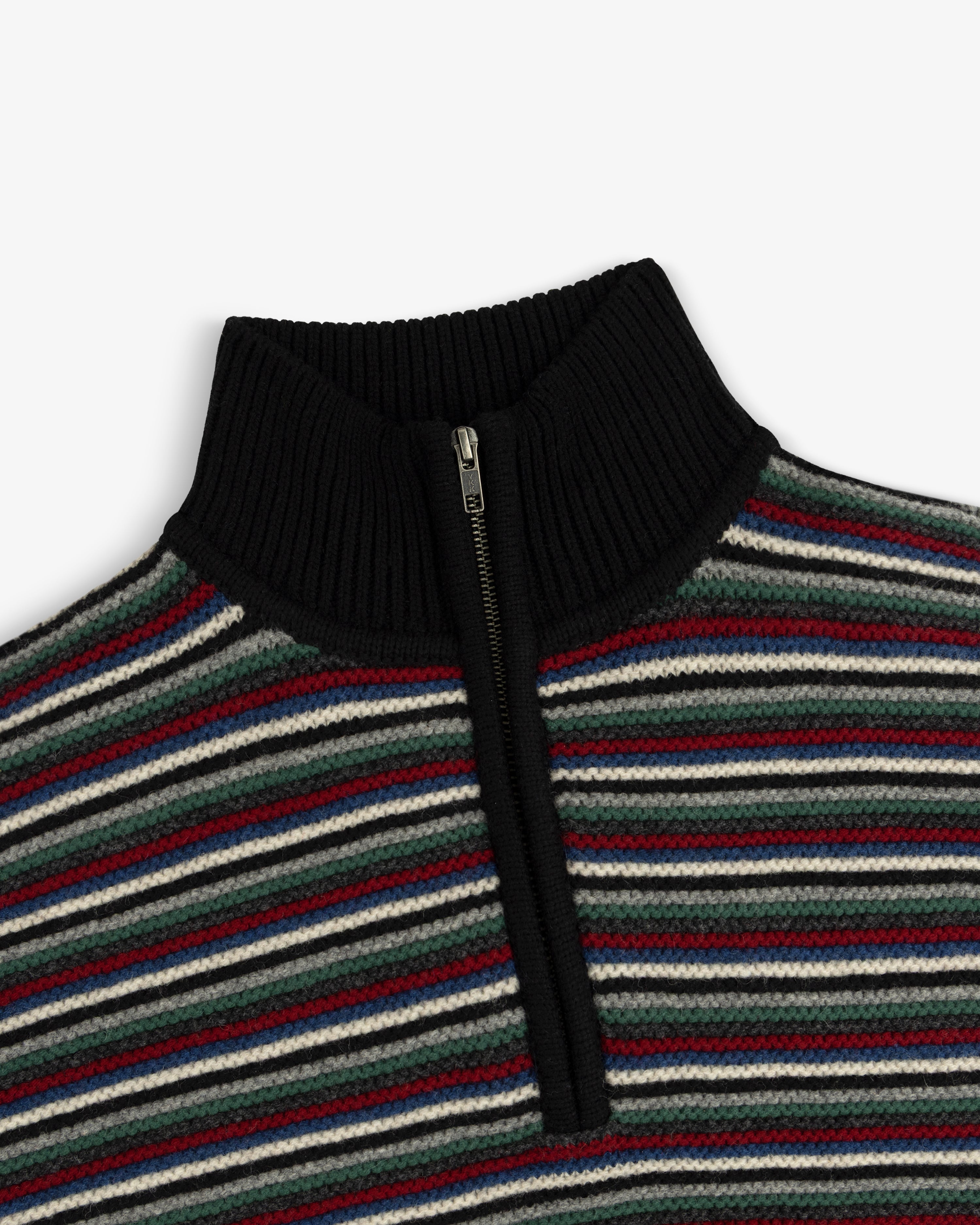 Ottoman Stripe Quarter Zip Sweater with a black ribbed collar and horizontal multicolored stripes.