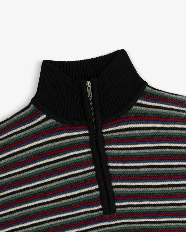 Ottoman Stripe Quarter Zip Sweater with a black ribbed collar and horizontal multicolored stripes.