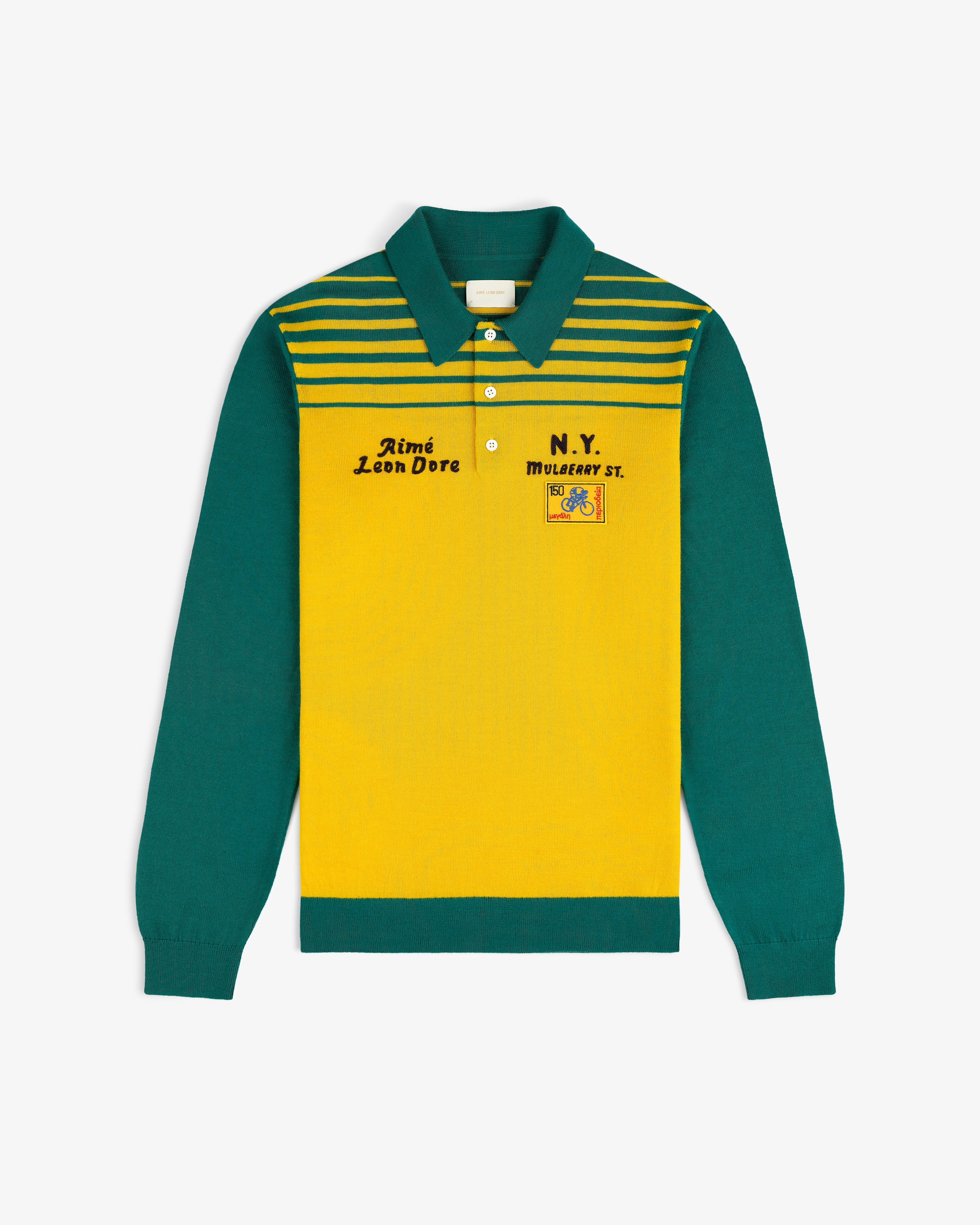 Merino Wool Knit Cycling Polo with green sleeves, yellow body, striped yoke, and chest embroidery.