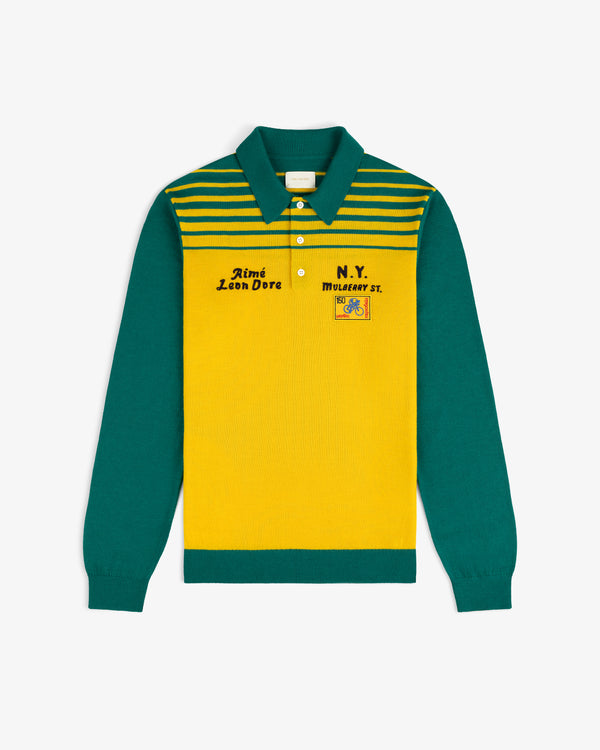 Merino Wool Knit Cycling Polo with green sleeves, yellow body, striped yoke, and chest embroidery.