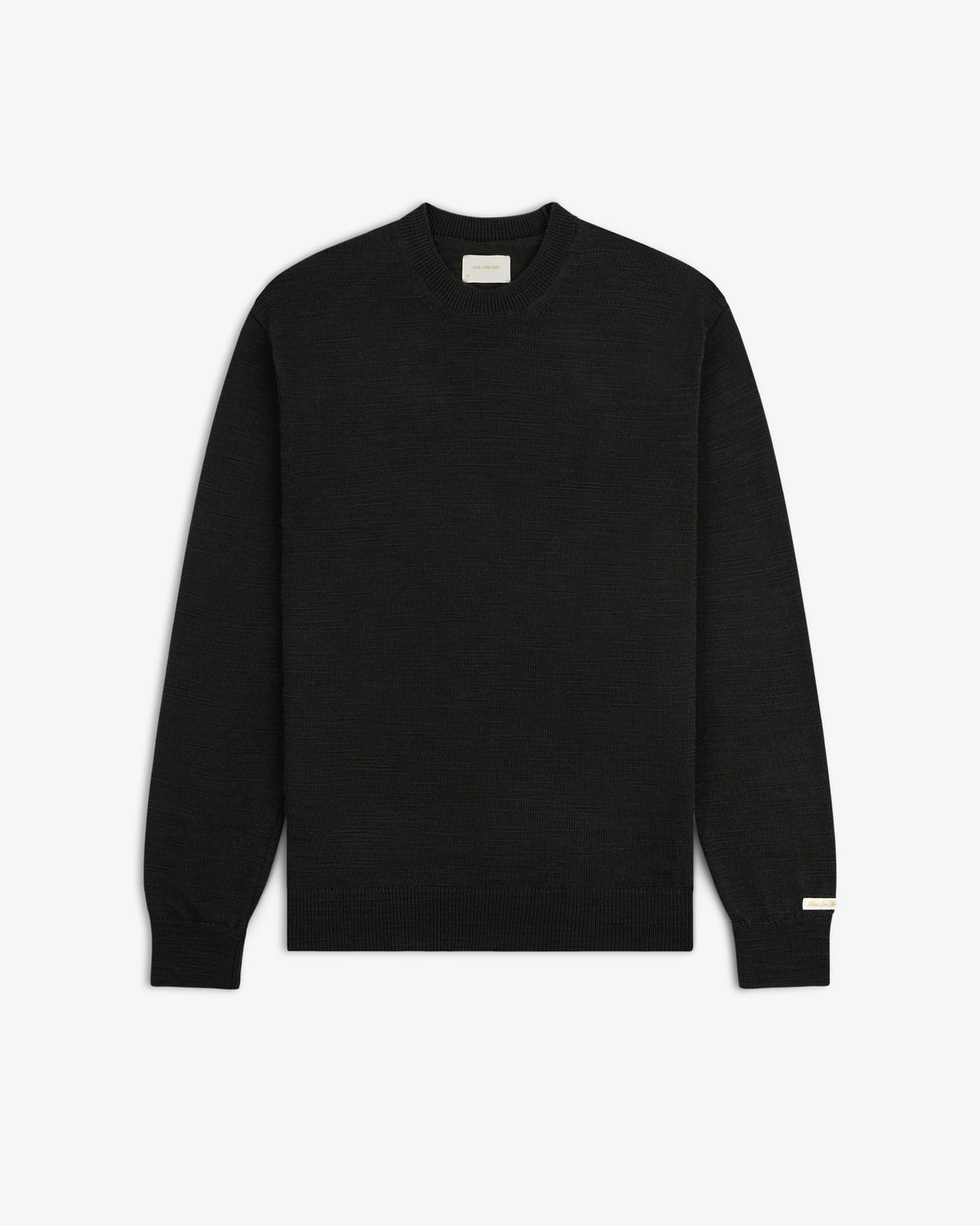 Black Slub Merino Wool long-sleeve crewneck sweater with a textured knit.