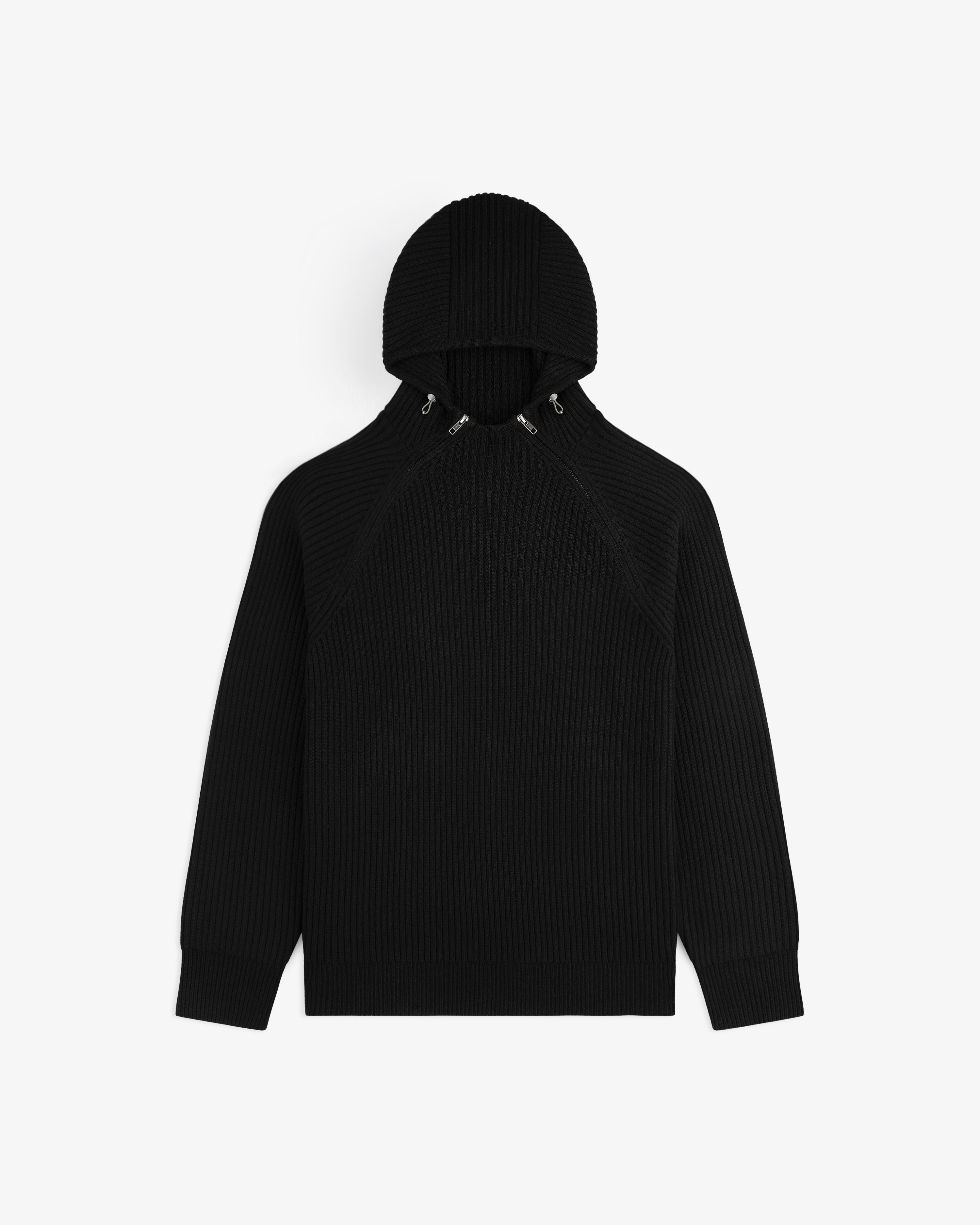 Black Wool Ribbed Knit Hoodie with a high neckline and metal hardware at the hood.