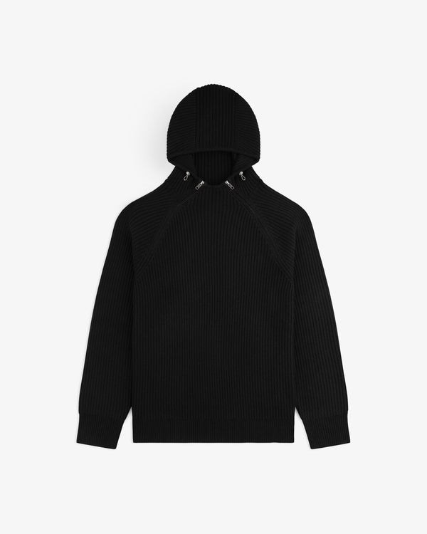 Black Wool Ribbed Knit Hoodie with a high neckline and metal hardware at the hood.