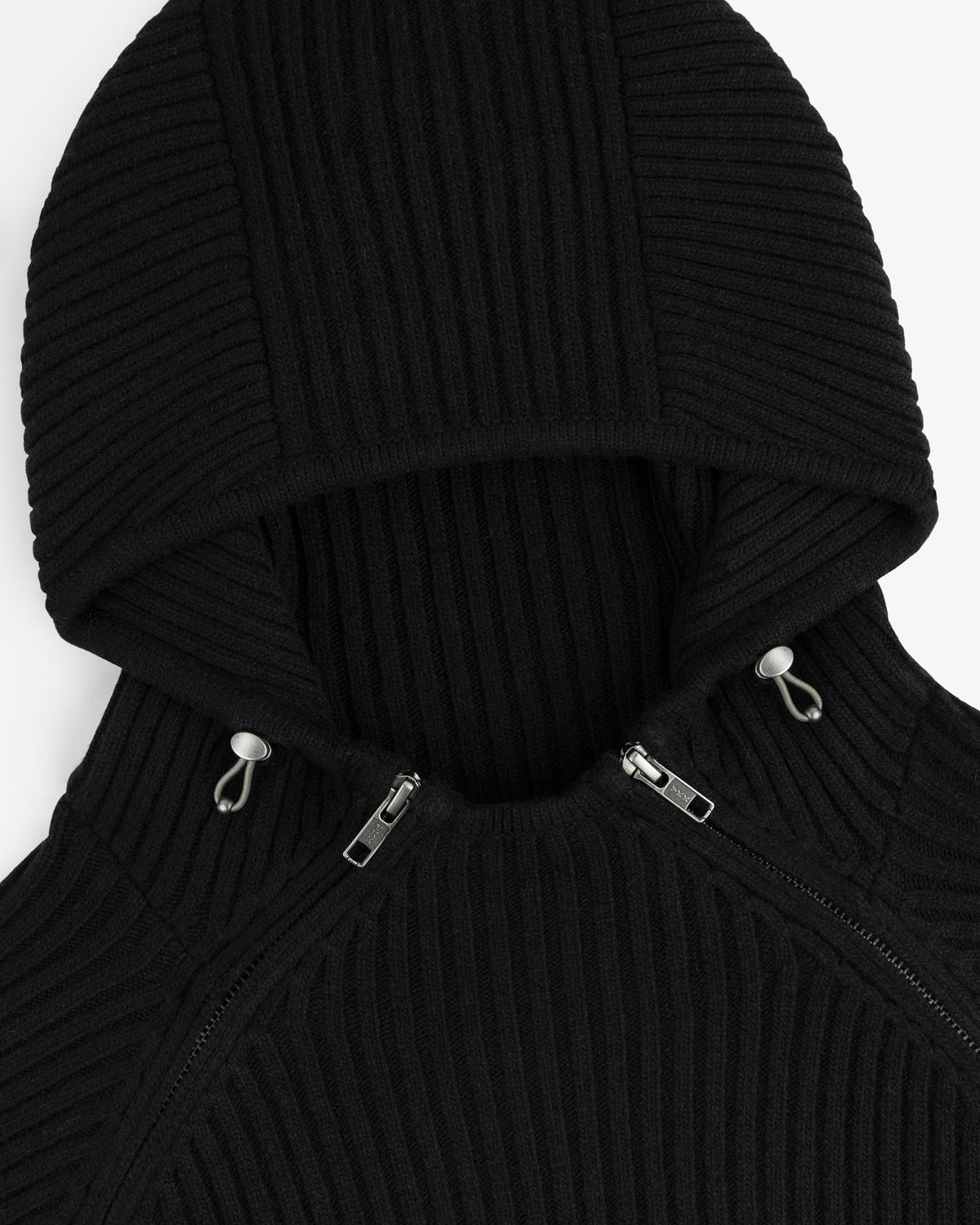 Black Wool Ribbed Knit Hoodie with a front zipper and metal drawstring toggles.