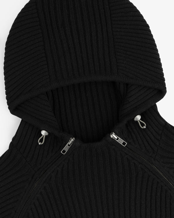 Black Wool Ribbed Knit Hoodie with a front zipper and metal drawstring toggles.
