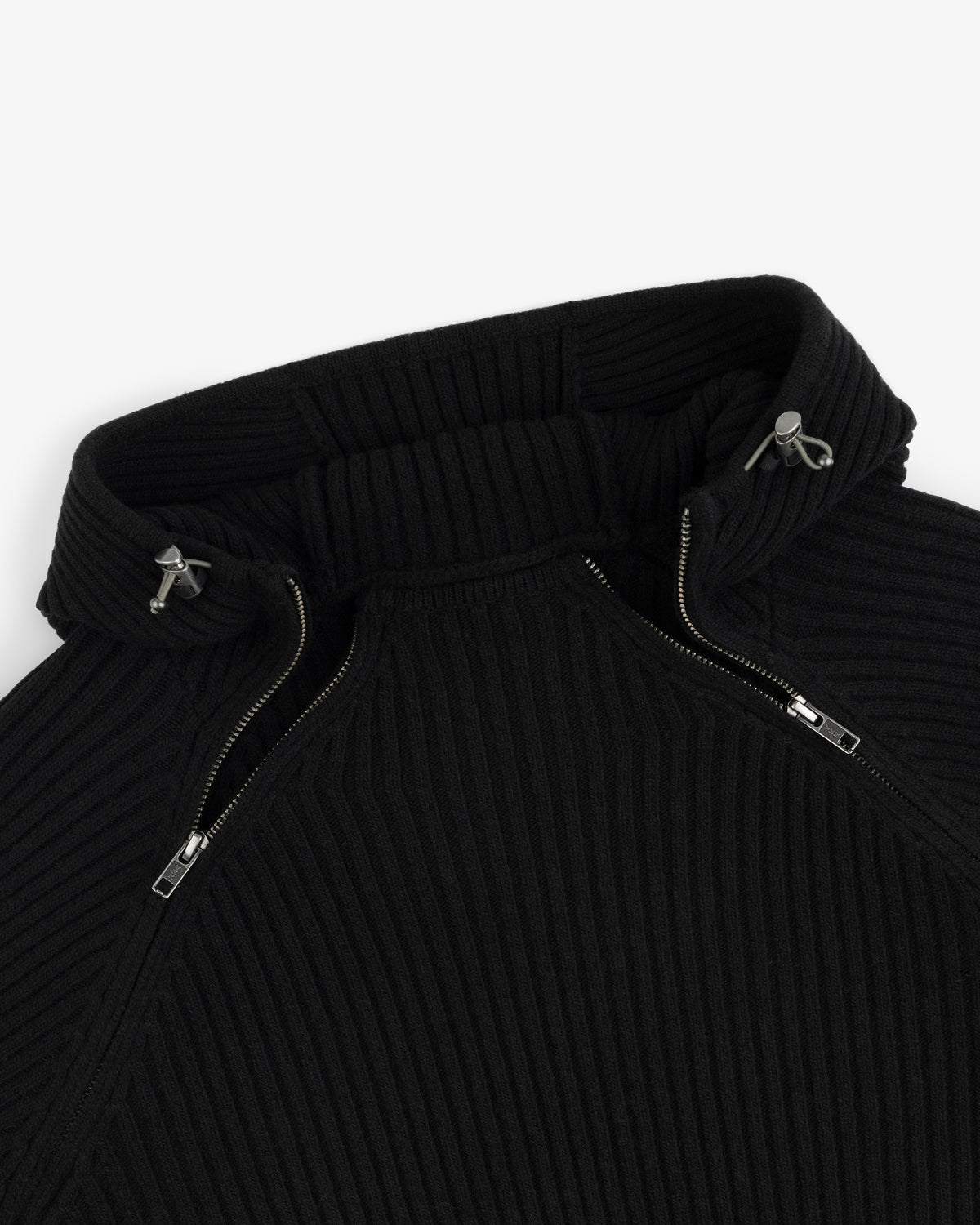 Black Wool Ribbed Knit Hoodie with a high neck, silver zipper closures, and drawstring hood toggles.