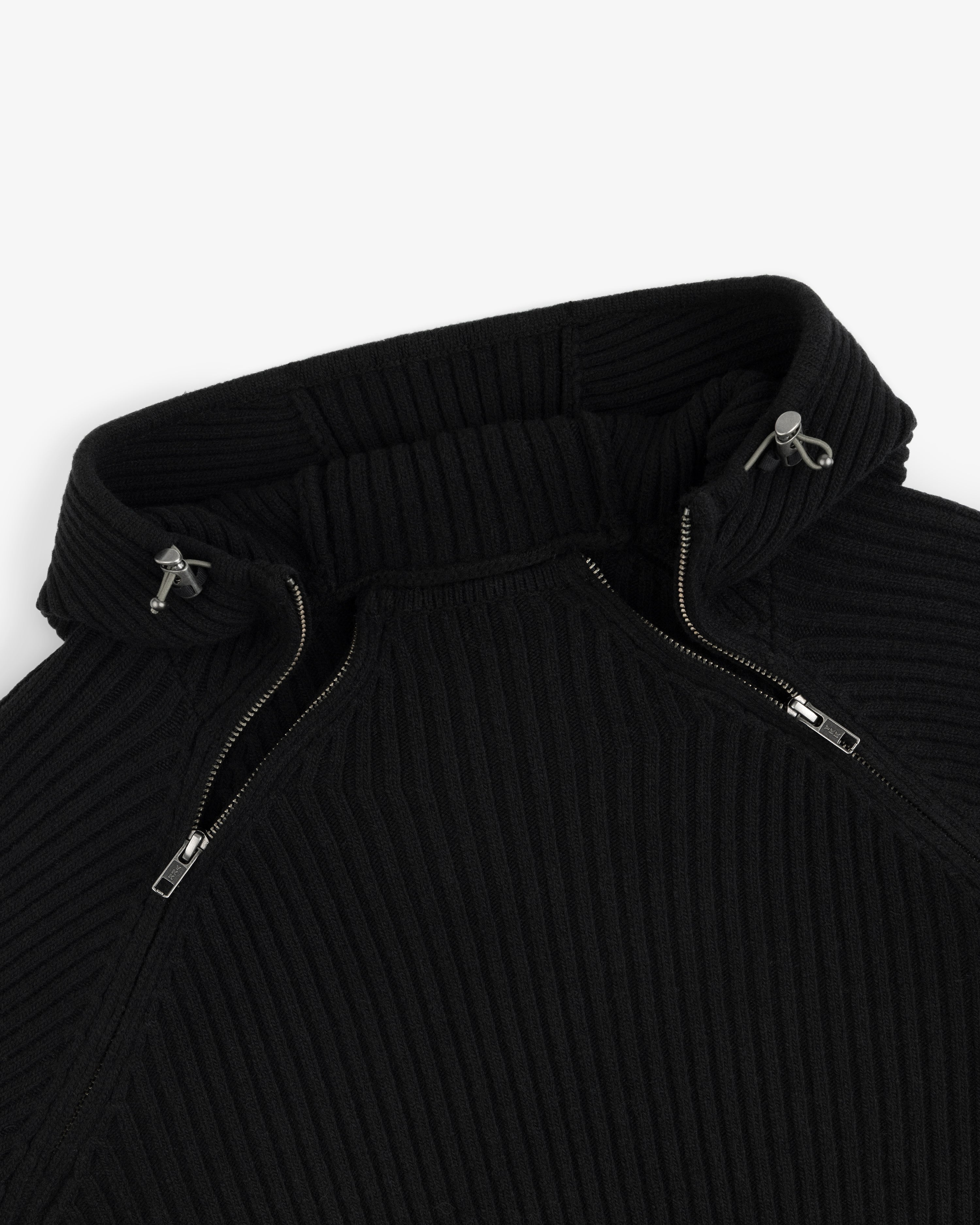 Black Wool Ribbed Knit Hoodie with a high neck, silver zipper closures, and drawstring hood toggles.